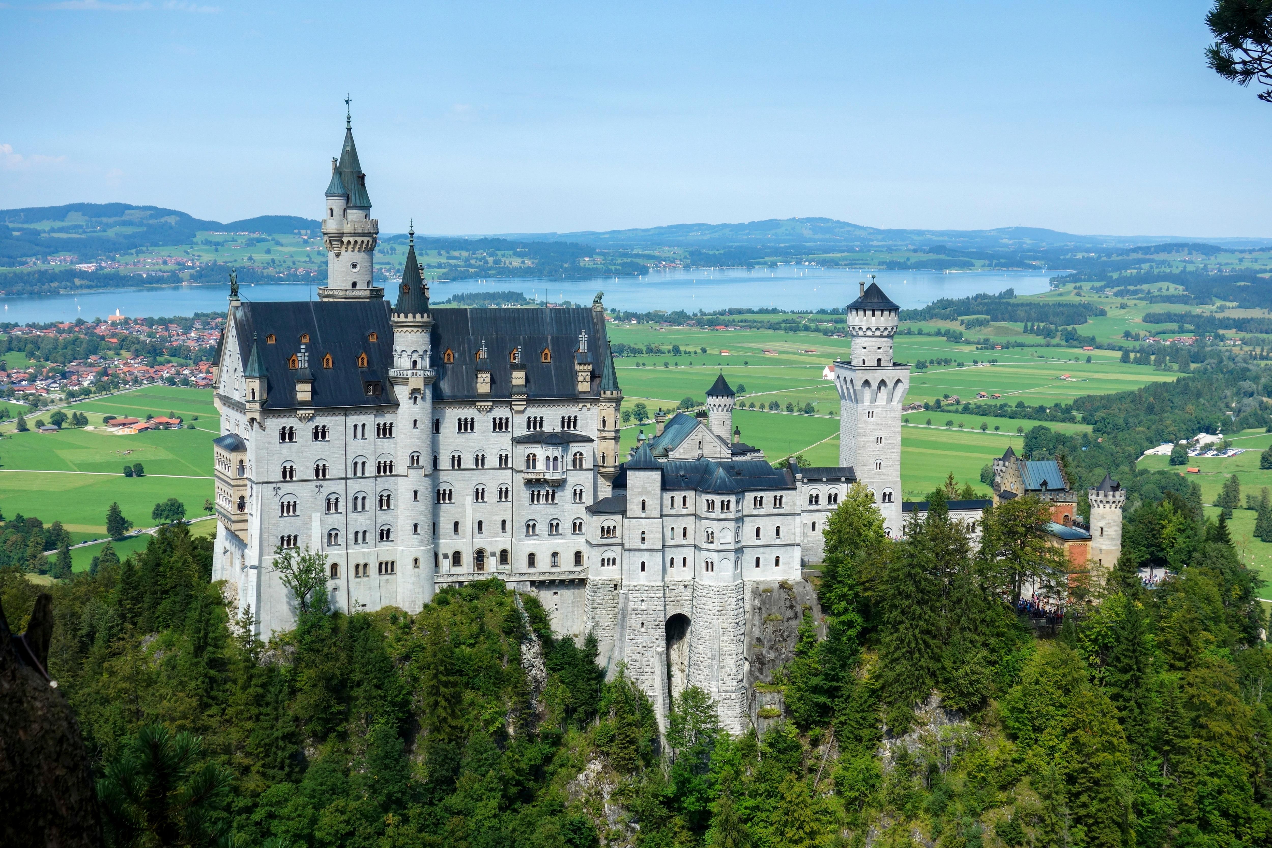 Aerial view of Neuschwanstein Castle, showcasing the iconic fairytale landmark