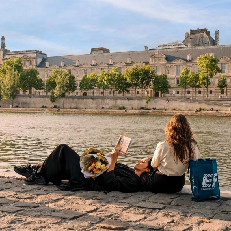 Two EF Language Abroad students relaxing by the Seine in Paris, reading and enjoying the riverside view across from the Louvre on a sunny afternoon.