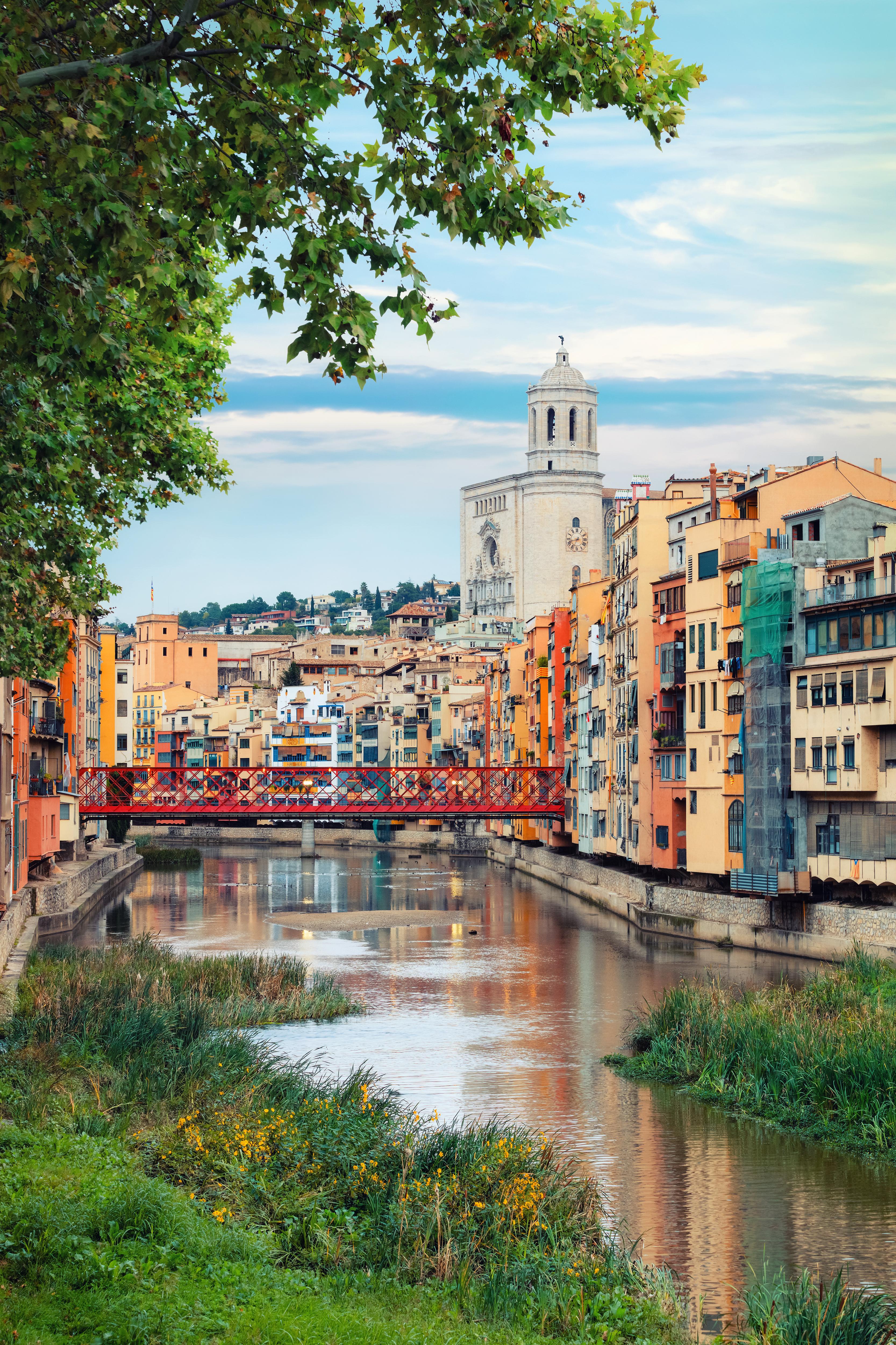 Girona Cathedral and historic bridge view