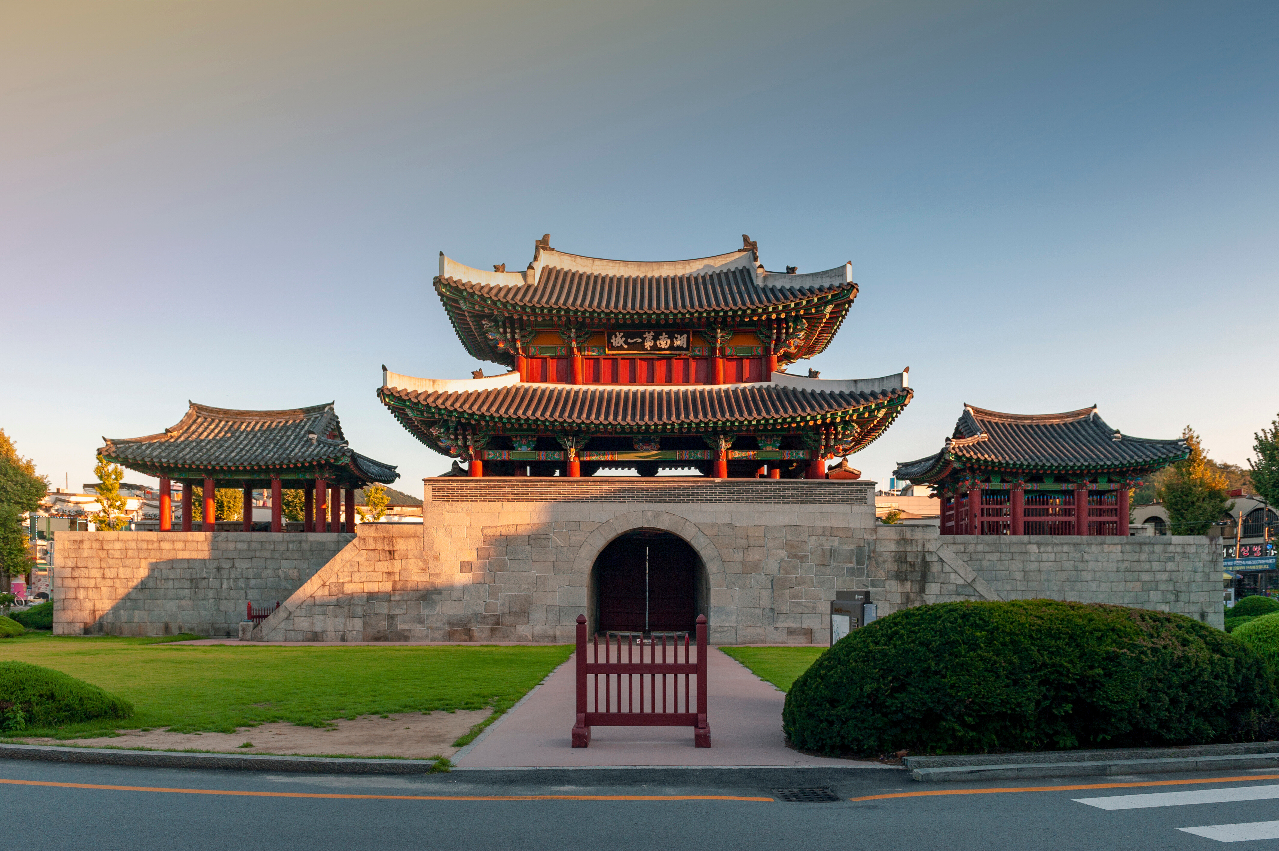 Traditional Korean gate with curved roofs