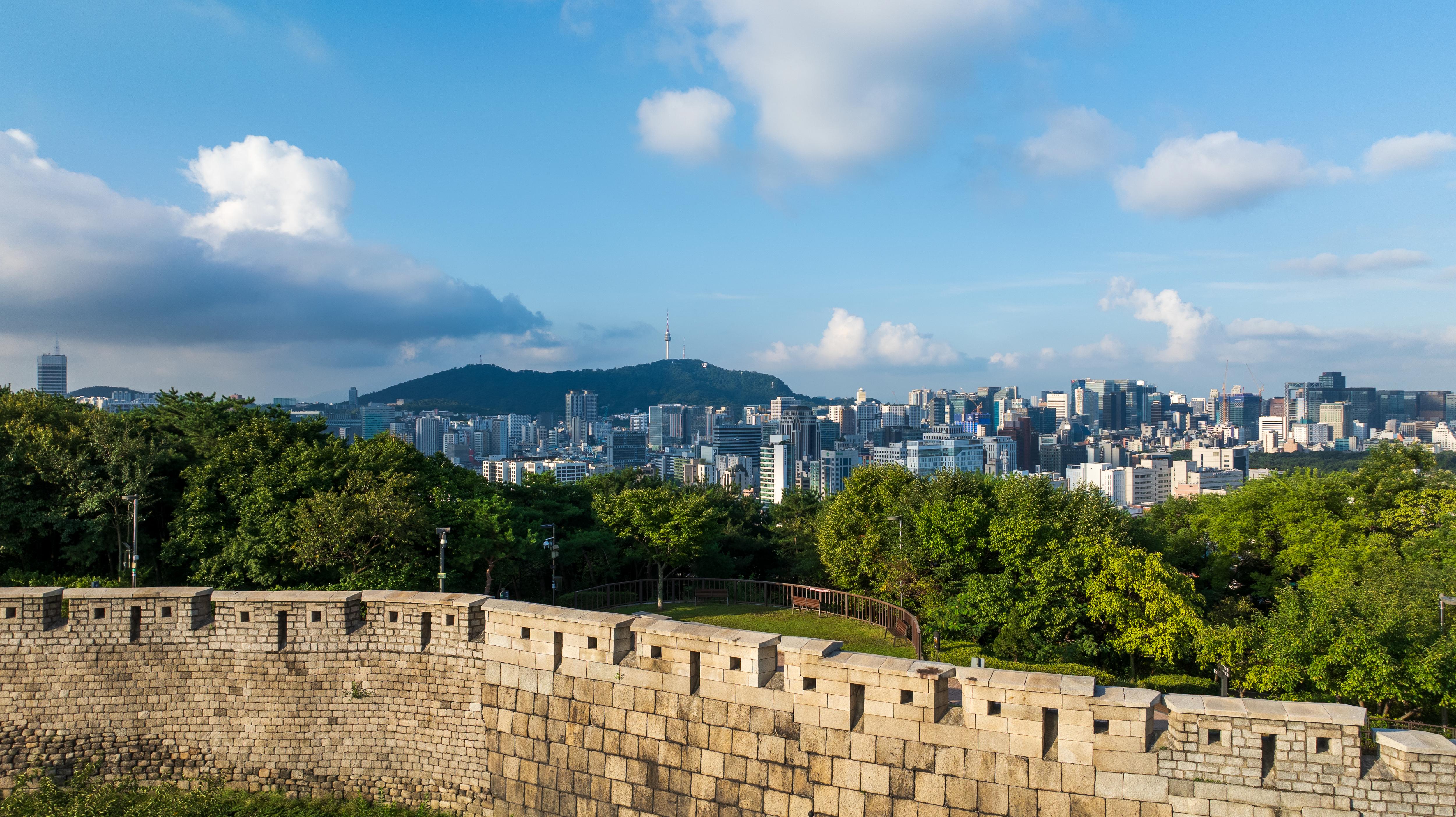 Seoul city wall with Seoul skyline and Namsan Tower