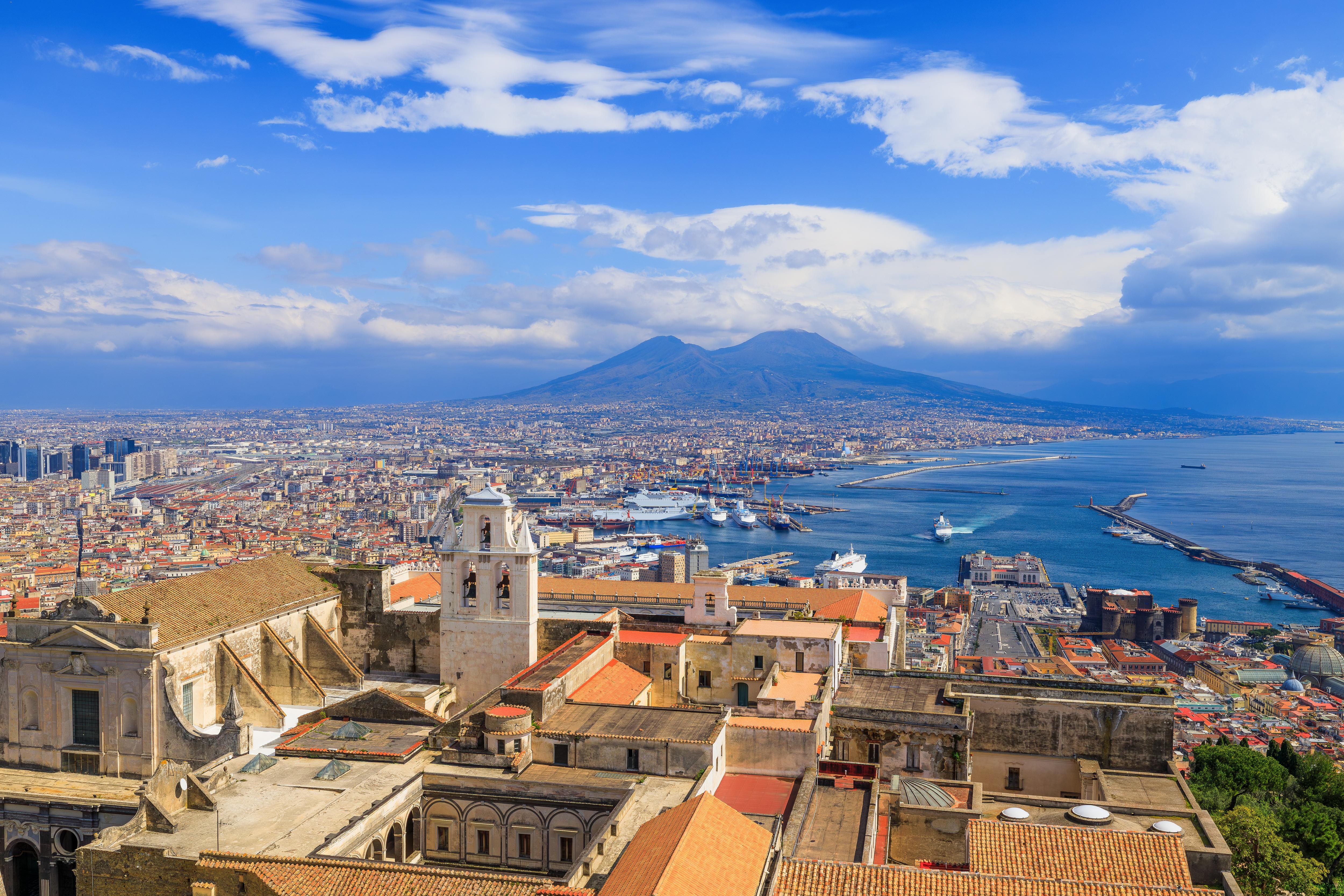 Mount Vesuvius cityscape view with yacht marina and waterfront