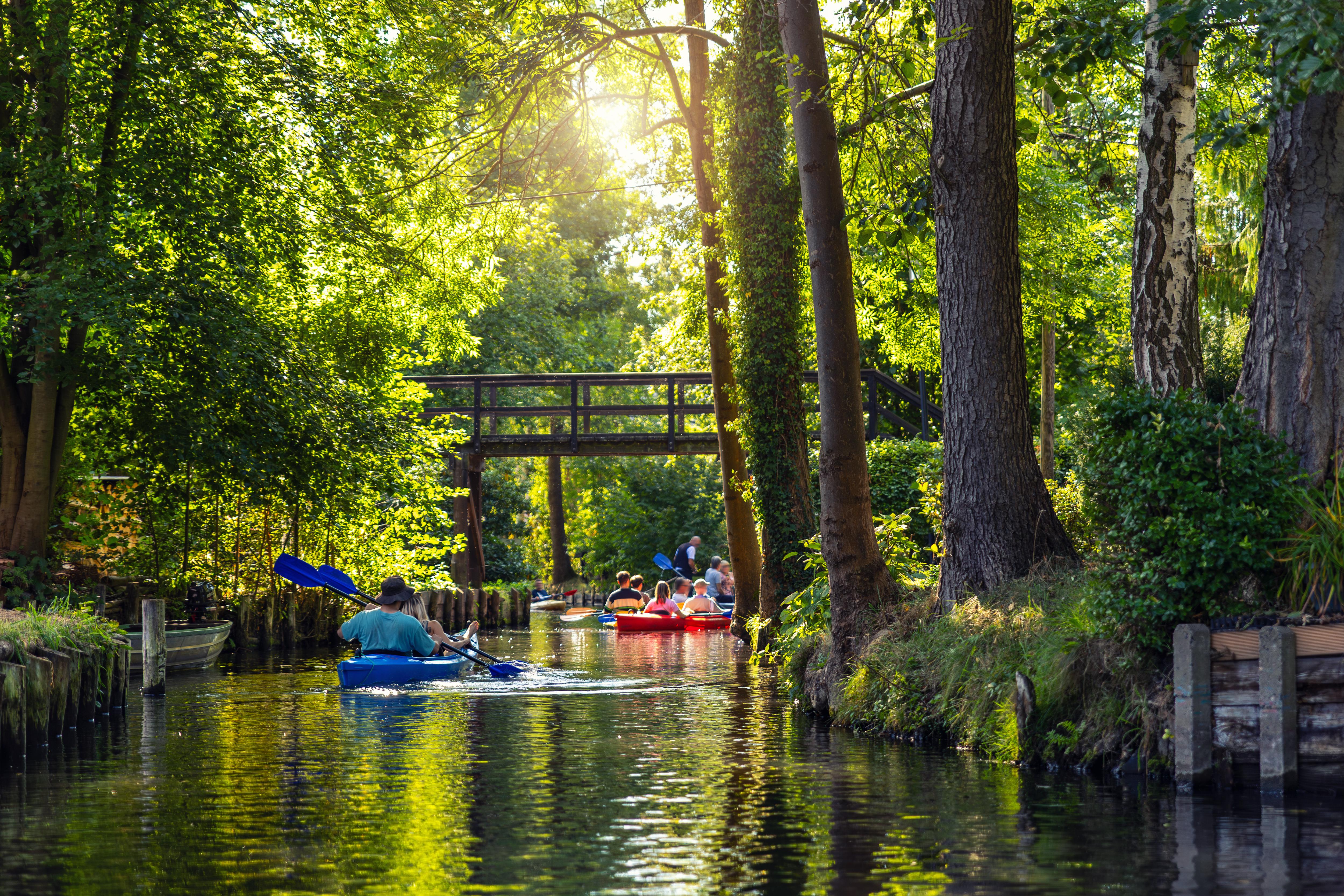Students kayaking through the Spreewald Biosphere Reserve, exploring scenic waterways