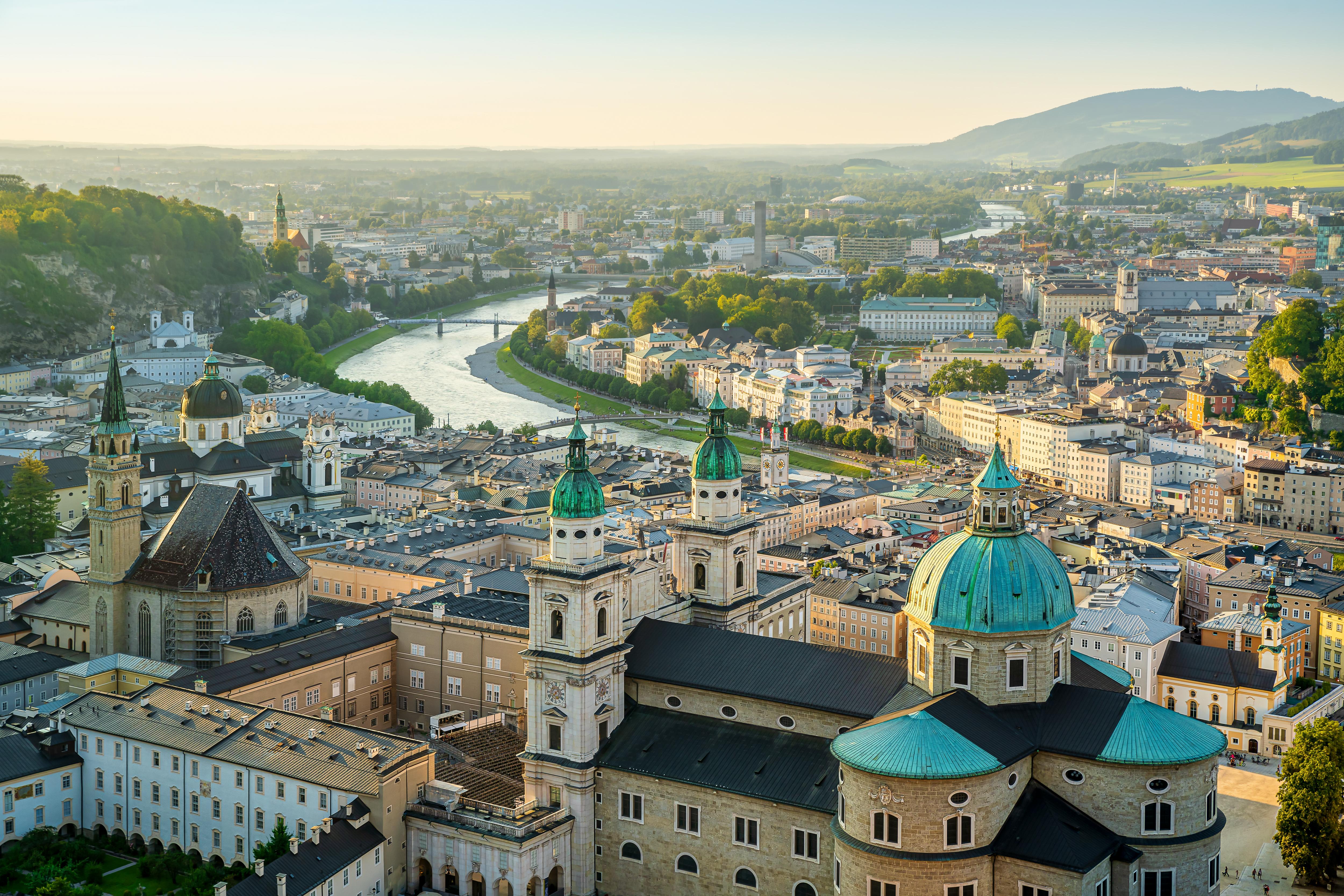 Aerial view of Salzburg, Austria, featuring Salzburg Cathedral, Hohensalzburg Fortress