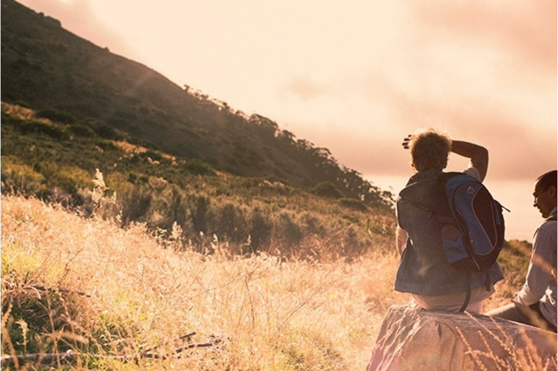 Two hikers are enjoying the breathtaking view of a sun-drenched hilly landscape while resting on a log.
