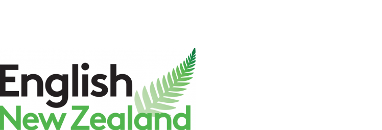 The image displays the words "English New Zealand" in a stylized font, accompanied by a green fern frond, a national symbol of New Zealand.