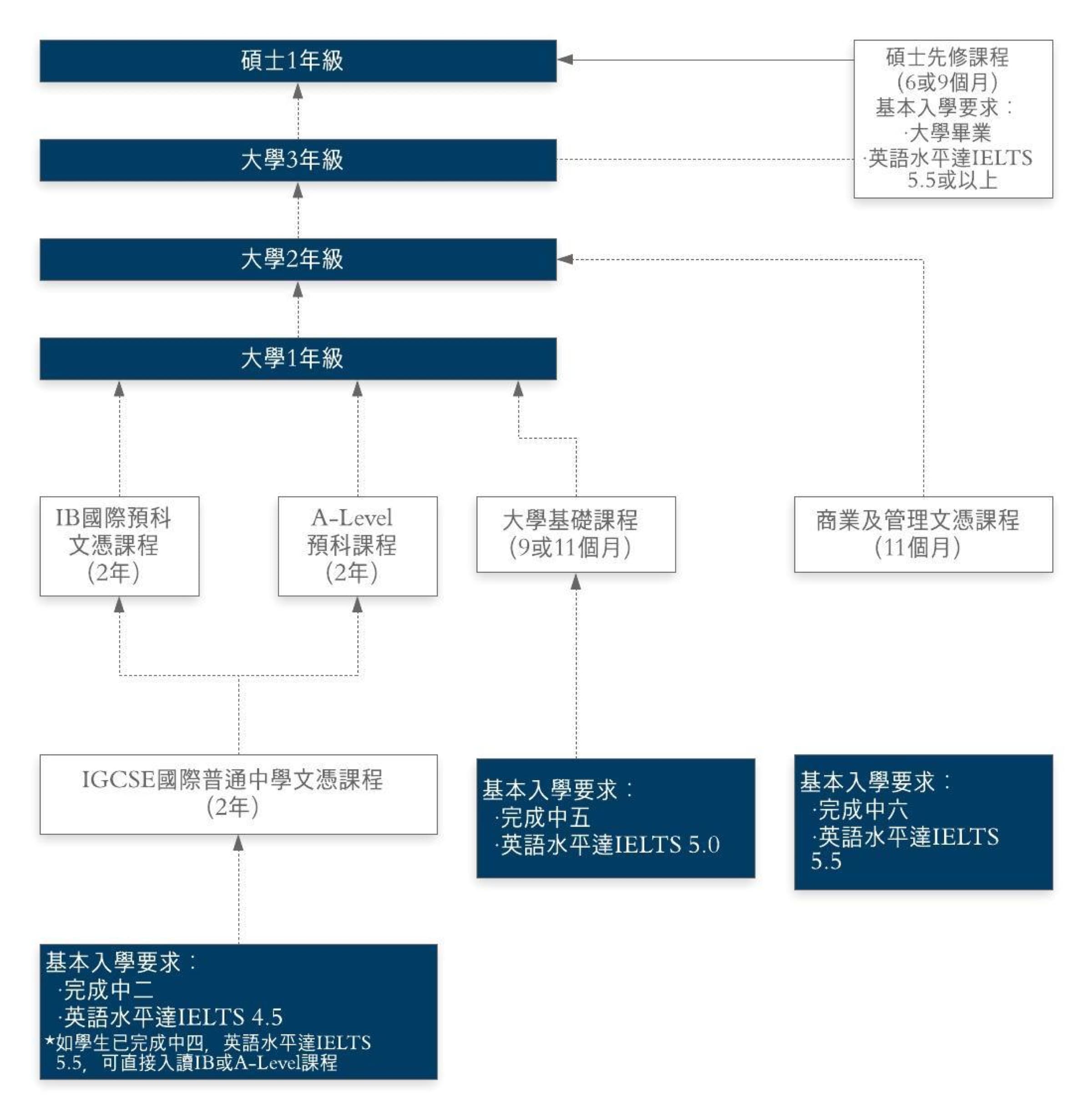 This flowchart outlines educational pathways from IGCSE and A-Level to undergraduate and postgraduate degrees, including foundation and diploma options.