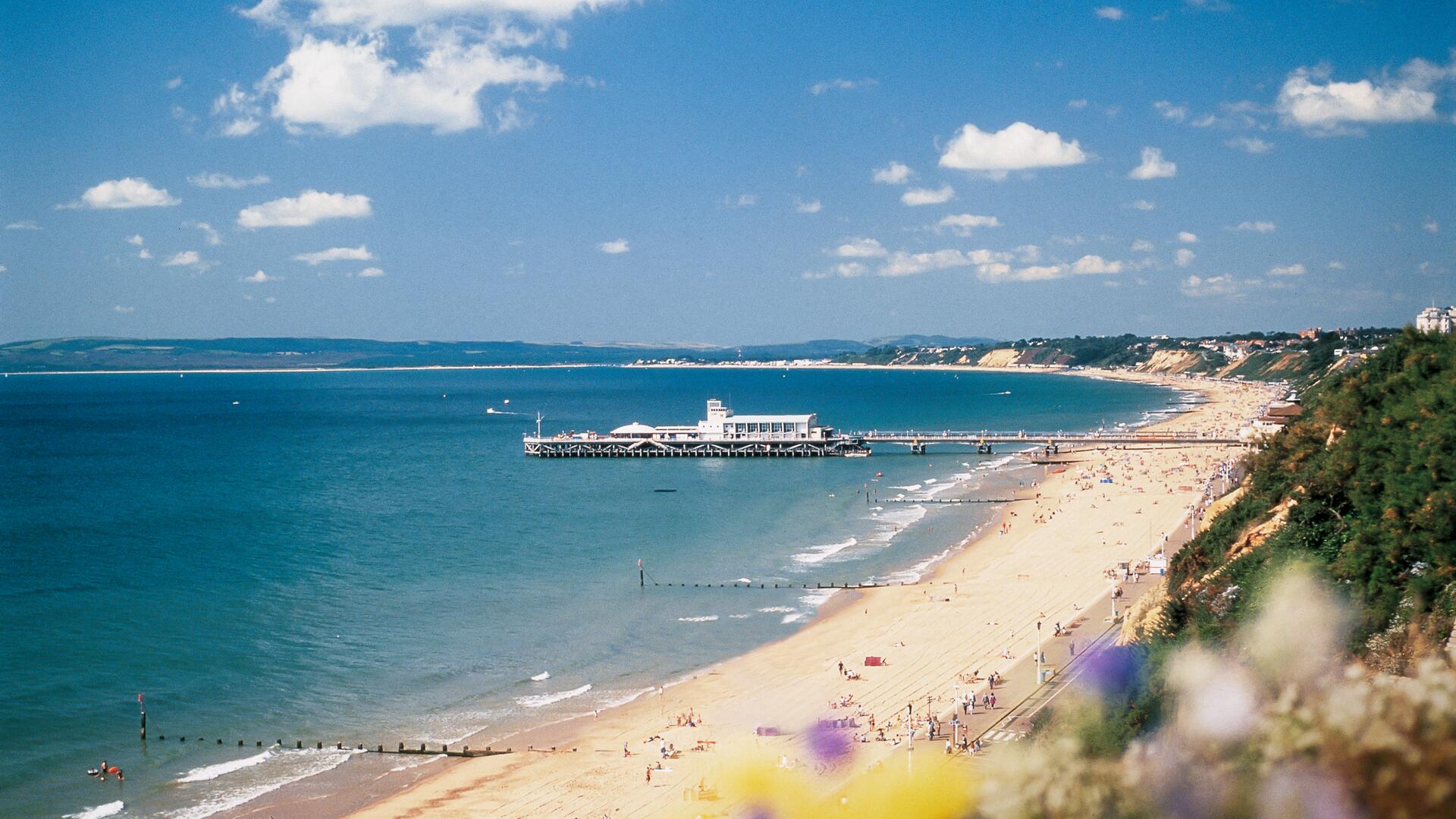 A beautiful sunny day at the beach with a pier extending into the blue ocean. People are relaxing on the sandy shore, enjoying the picturesque coastal scenery.