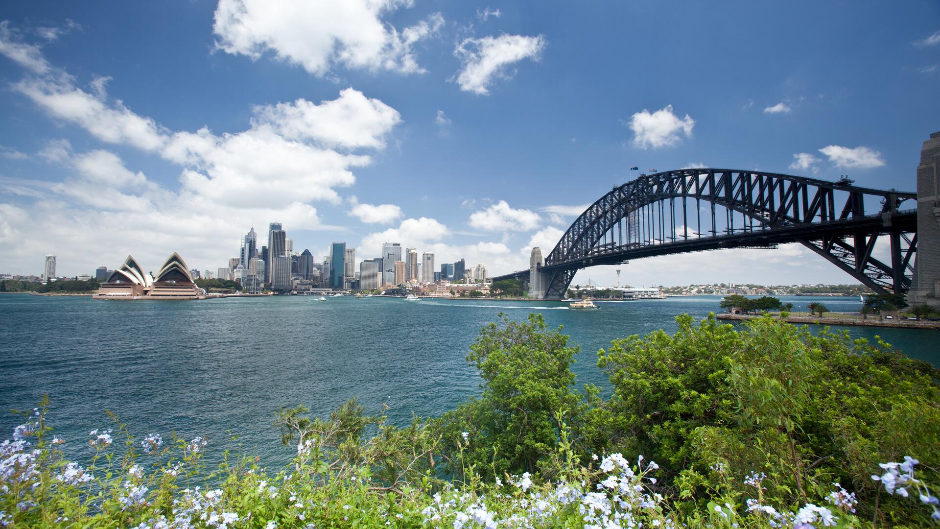 The image captures the Sydney skyline, featuring the iconic Opera House and Harbour Bridge under a bright, sunny sky with fluffy white clouds.