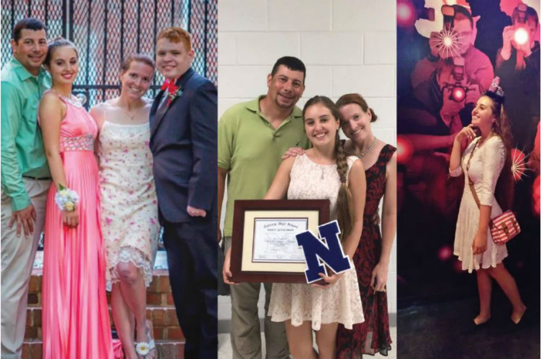 The image displays three distinct scenes: a group of four people posing for a photo, a family holding an award, and a young woman enjoying a party.