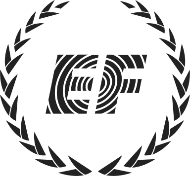 The image displays a black emblem featuring the letters "EF" at its center, encircled by a laurel wreath. The letters are stylized, appearing to be composed of concentric circles. The overall impression is formal and symbolic, possibly representing a logo or a crest.