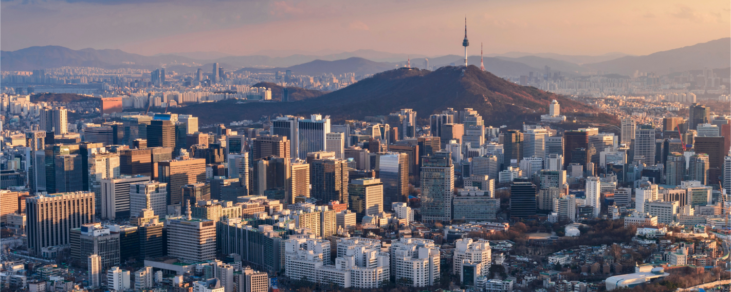 The Seoul skyline at sunset, featuring Namsan Tower atop the mountain in the background and numerous modern skyscrapers in the foreground.