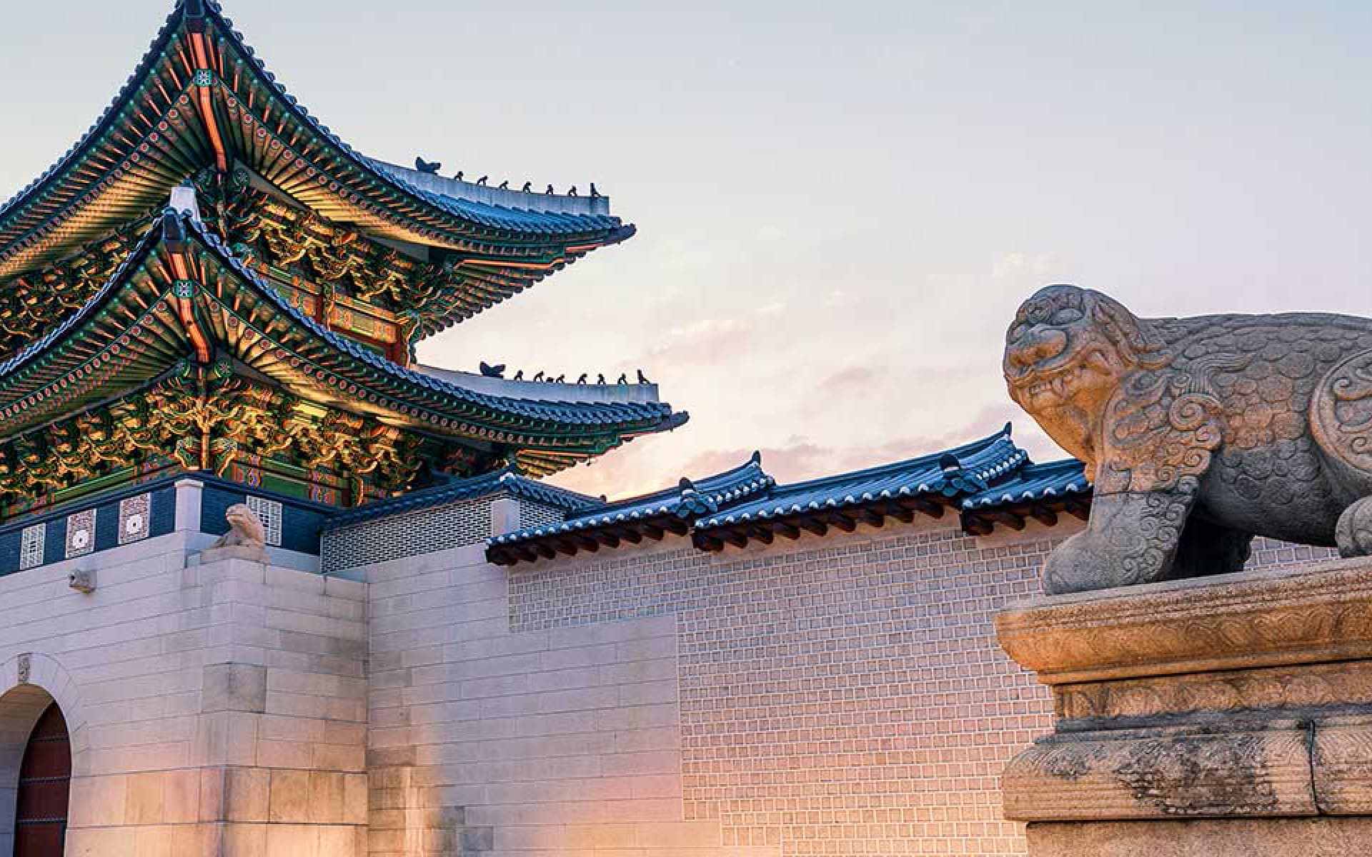 This image shows the Gyeongbokgung Palace in Seoul, South Korea, a historic royal palace and a significant cultural landmark, showcasing traditional Korean architecture.