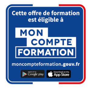 This image advertises the French training program "Mon Compte Formation," which supports professional development and is accessible via the website moncompteformation.gouv.fr. It is available on Google Play and the App Store.