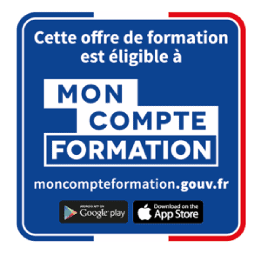 This image advertises the French training program "Mon Compte Formation," which supports professional development and is accessible via the website moncompteformation.gouv.fr. It is available on Google Play and the App Store.