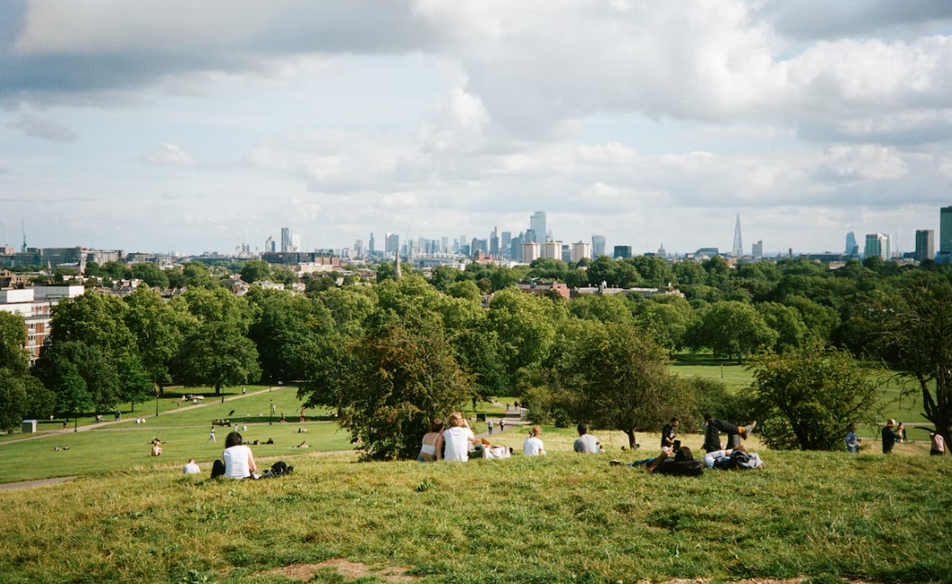 A group of people are enjoying a sunny day in a park, with the London skyline visible in the distance.