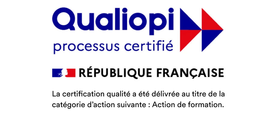 This image shows the Qualiopi certification, a French quality standard for training providers. It indicates that the certification was delivered for the "Action de formation" (training action) category.