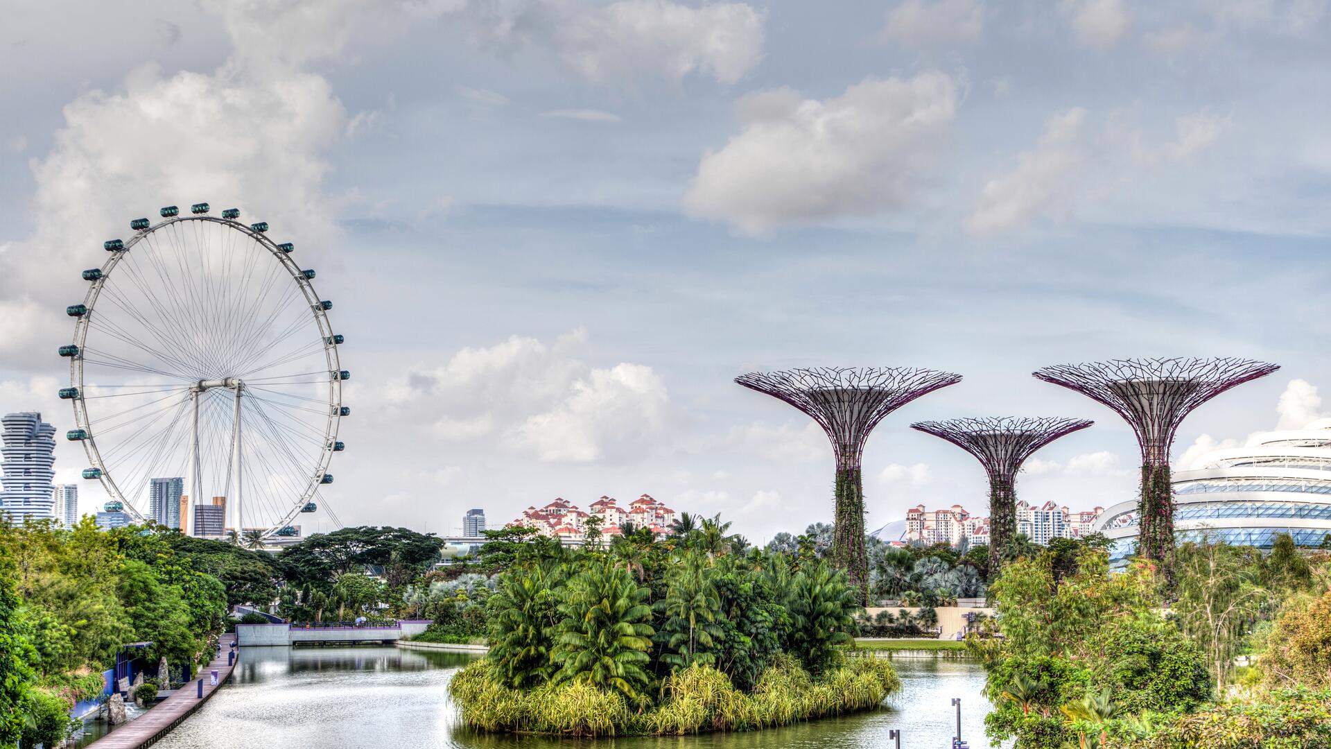 A panoramic view of Singapore's skyline, featuring the Singapore Flyer giant wheel and the Supertree Grove at Gardens by the Bay.