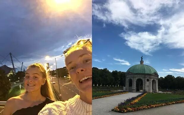 The image displays two young women taking a selfie on the left, with a stadium in the background. On the right, a scenic view of a domed building in a park with a blue sky and clouds.